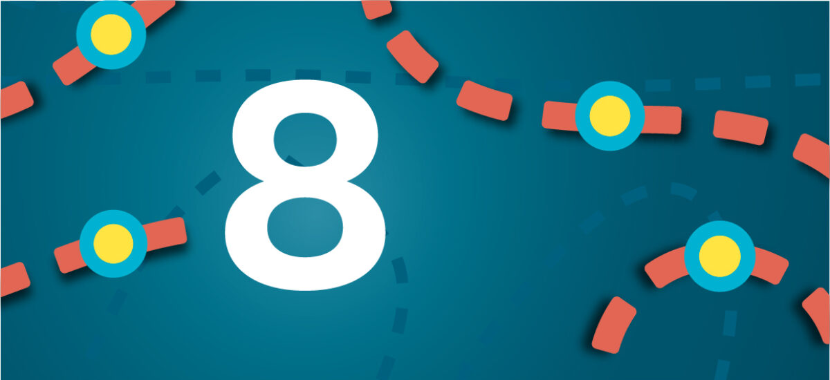 Numero 8 sinisellä taustalla ja oransseilla katkoviivoilla, jotka luovat polun