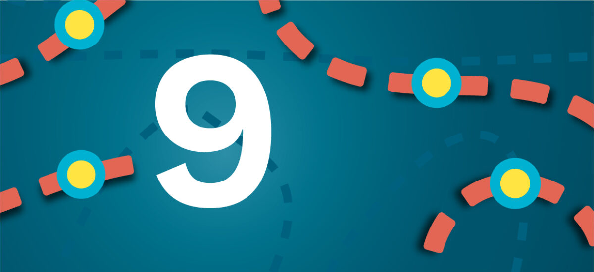 Numero 9 sinisellä taustalla ja oransseilla katkoviivoilla, jotka luovat polun