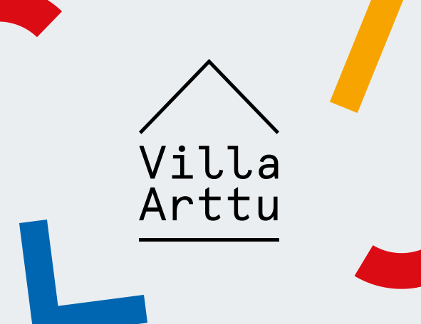 Suorakaiteen muotoinen vaalean harmaa laatikko, jossa laatikon oikeassa reunassa eri värisiä muotoja ja Villa Artun logo.