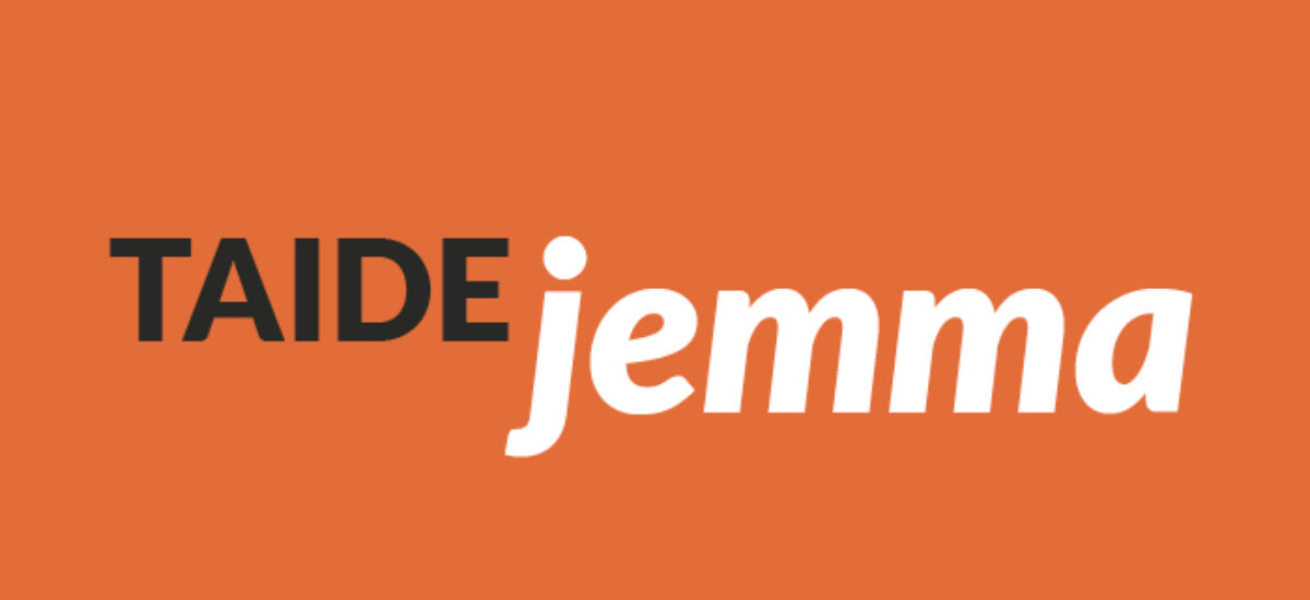 Taide Jemma-logo oranssilla pohjalla.