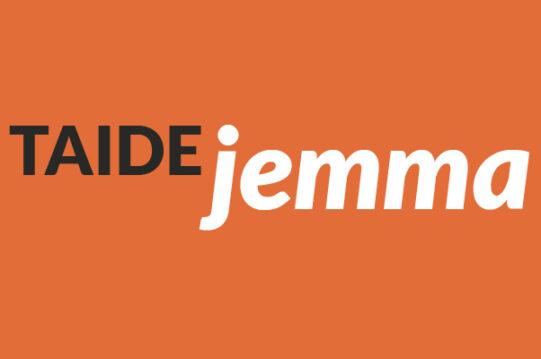 Taide Jemma-logo oranssilla pohjalla.