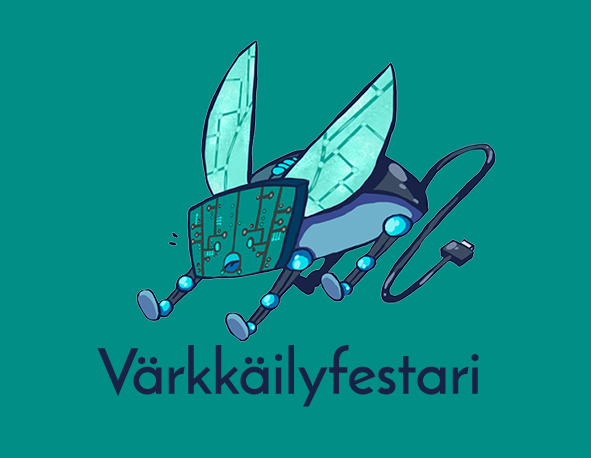 Suorakaiteen muotoinen turkoosi laatikko, jossa oikealla puolella tietokoneella piirretty kärpänen, joka koostuu erilaisista teknisistä osista ja kärpäsen alla teksti
